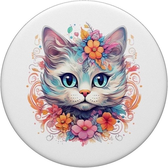 Pop Sockets for Phone Black Floral Cat Watercolor Grip & Stand Swappable Design - Picture 3 of 8